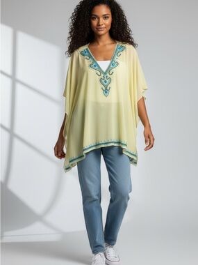 Chicos NWOT Sheer Yellow Embellished V-Neck Tunic with Turquoise Beading